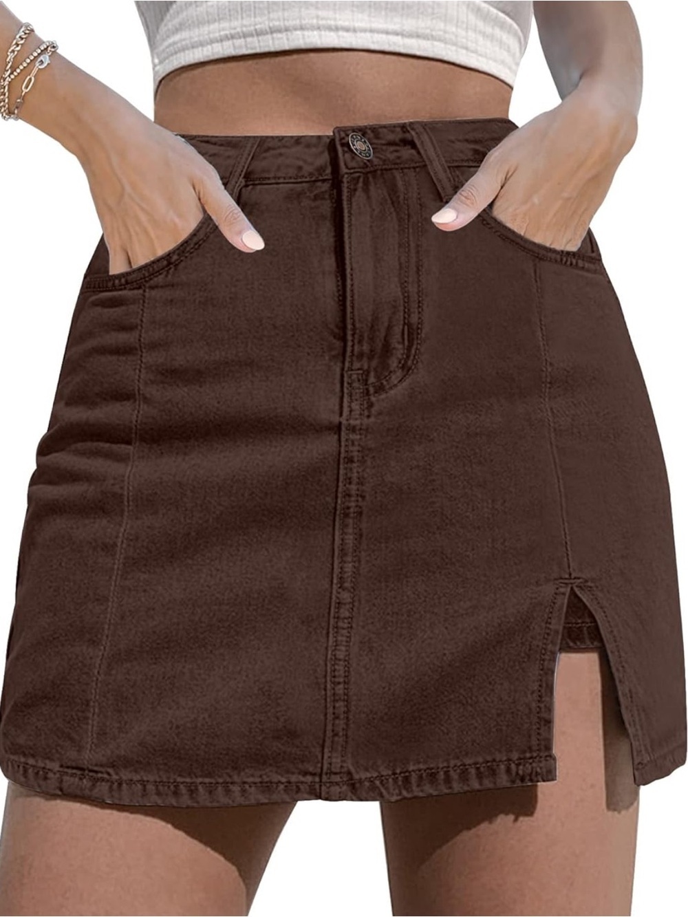 Luvamia High Waisted Stretch Denim Jean Skort Rustic Brown Women’s Large